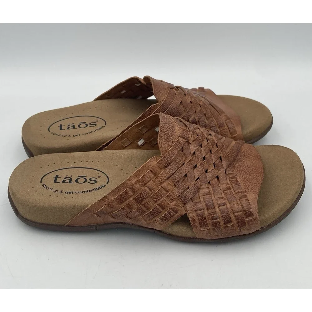 Taos Women's Guru Leather Woven Slide Comfort Sandal Flats Honey Brown Size:6